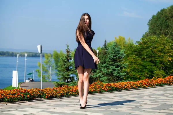 Full Length Portrait Young Cheerful Girl Blue Dress Walking Summer Stock Picture