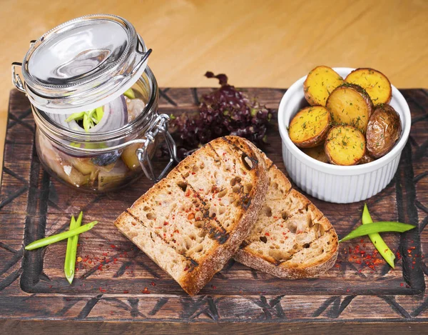 Restaurant Dish Marinated Mackerel Glass Jar Snack Vodka — Stock Photo, Image