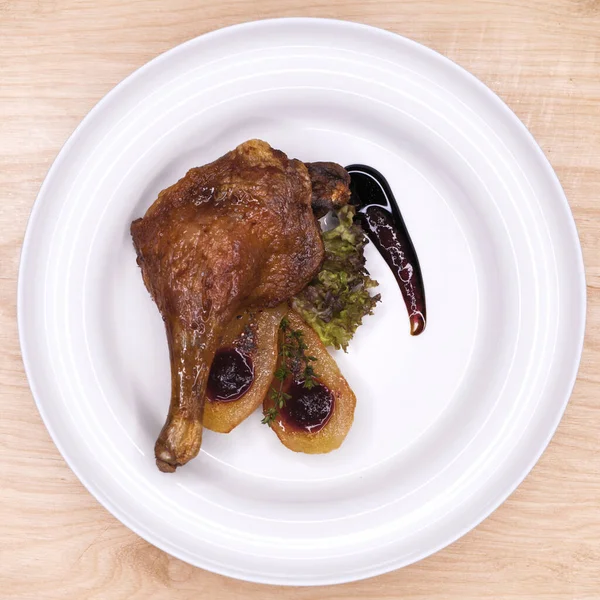 Duck Leg Potatoes White Plate — Stock Photo, Image