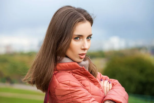 Close Portrait Young Beautiful Brunette Model Coral Coat — Stock Photo, Image