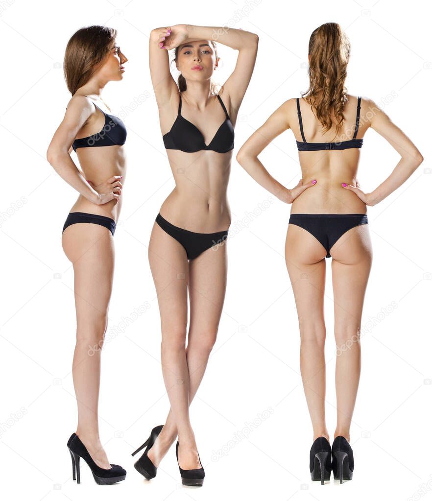 Snap Models. Full length portrait of a beautiful brunette woman in black bikini isolated on white background