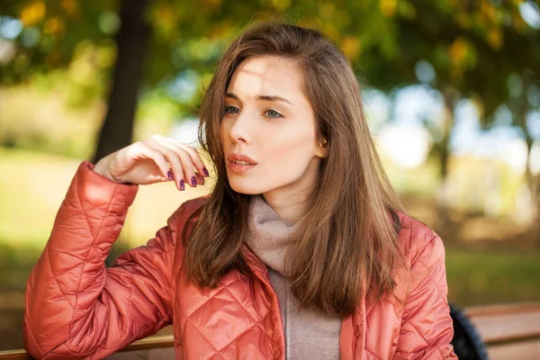 Close Portrait Young Beautiful Brunette Model Coral Coat — Stock Photo, Image