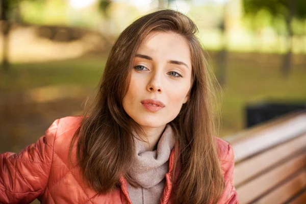 Close Portrait Young Beautiful Brunette Model Coral Coat — Stock Photo, Image