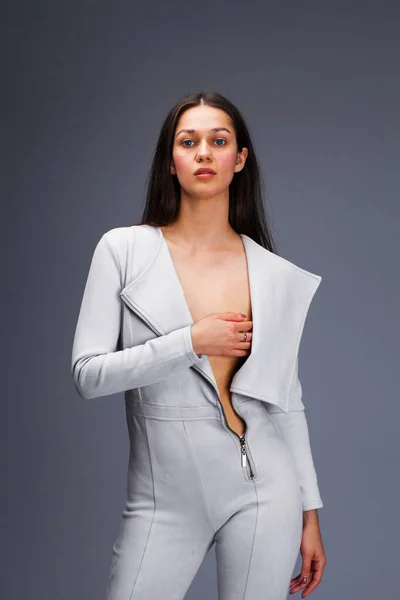 Sexy Fashion Brunette Woman Gray Leather Suit Posing Studio Gray — Stock Photo, Image