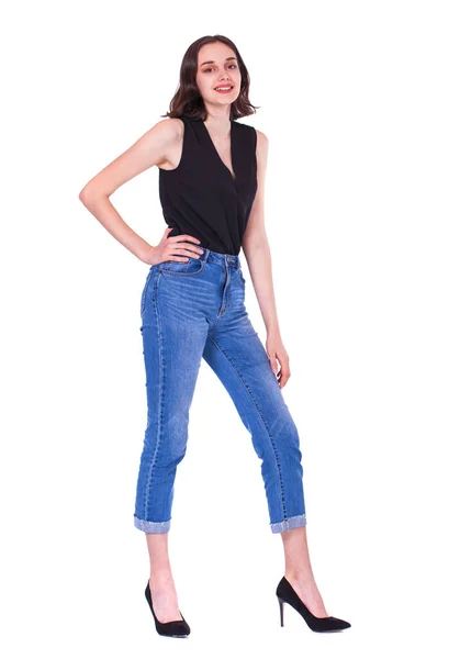 Retrato Corpo Inteiro Jovem Modelo Bonito Morena Jeans Azul Isolado — Fotografia de Stock