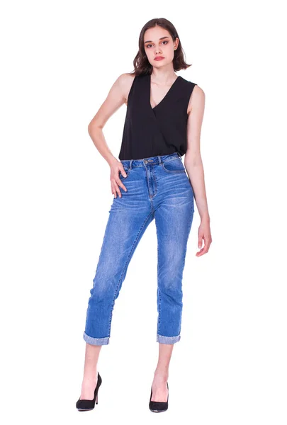Celotělový Portrét Mladé Krásné Brunetky Model Modrých Džínách Izolované Bílém — Stock fotografie