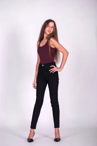 Full Body Portrait Young Beautiful Blonde Model Black Jeans Isolated — Stock Photo, Image