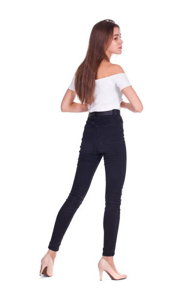 Full Body Portrait Young Beautiful Brunette Model Jeans Isolated White — Stock Photo, Image