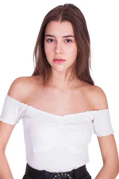 Compõe Beleza Retrato Uma Jovem Menina Bonita Isolada Fundo Branco — Fotografia de Stock