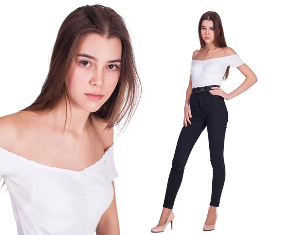 Kollázs Fashiom Modellek Portré Egy Fiatal Szép Lányok Elszigetelt Fehér — Stock Fotó