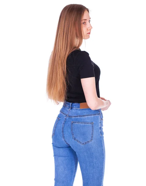 Retrovisore Ritratto Una Giovane Bella Modella Bionda Blue Jeans Isolata — Foto Stock