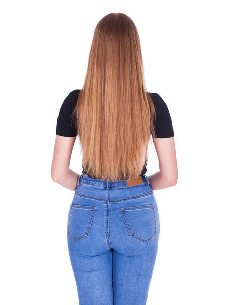 Achteraanzicht Portret Van Een Jong Mooi Blond Model Blauwe Jeans — Stockfoto