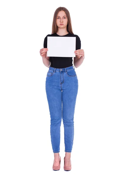 Retrato Corpo Inteiro Uma Jovem Modelo Loira Bonita Jeans Azul — Fotografia de Stock