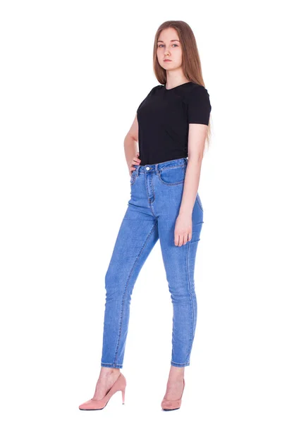 Helkroppsporträtt Ung Vacker Blond Modell Blå Jeans Isolerad Vit Bakgrund — Stockfoto