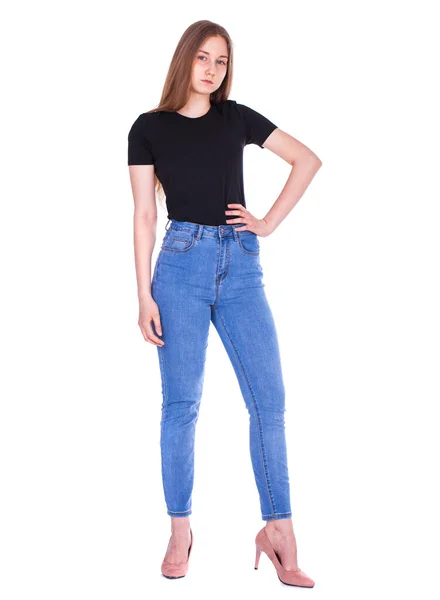Full Body Portrait Young Beautiful Blonde Model Blue Jeans Isolated — Stock Photo, Image