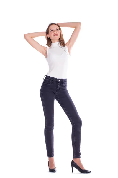 Helkroppsporträtt Ung Vacker Blond Modell Svarta Jeans Isolerad Vit Bakgrund — Stockfoto