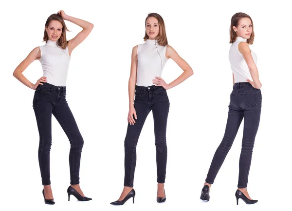 Ganzkörperporträt Einer Jungen Schönen Blonden Models Schwarzen Jeans Isoliert Auf — Stockfoto