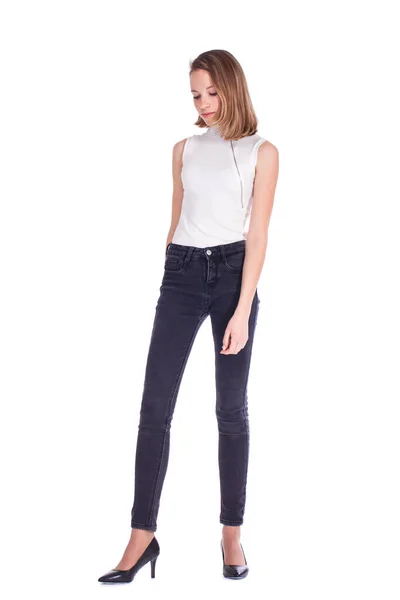 Full Body Portrait Young Beautiful Blonde Model Black Jeans Isolated — Stock Photo, Image