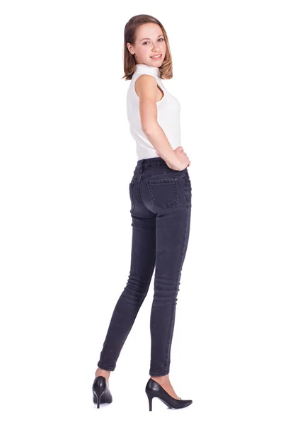 Helkroppsporträtt Ung Vacker Blond Modell Blå Jeans Isolerad Vit Bakgrund — Stockfoto