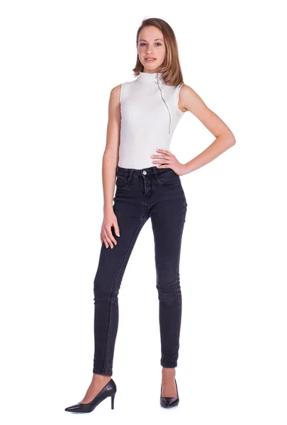 Full Body Portrait Young Beautiful Blonde Model Black Jeans Isolated — Stock Photo, Image