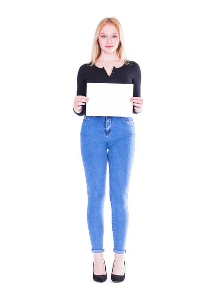 Retrato Corpo Inteiro Uma Jovem Modelo Loira Bonita Jeans Azul — Fotografia de Stock