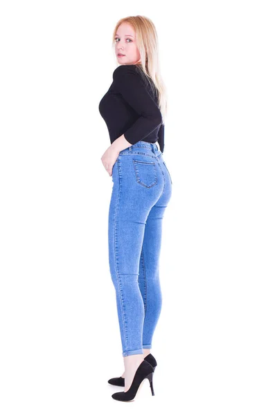 Full Body Portrait Young Beautiful Blonde Model Blue Jeans Isolated — Stock Photo, Image