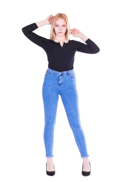 Full Body Portret Van Een Jong Mooi Blond Model Blauwe — Stockfoto