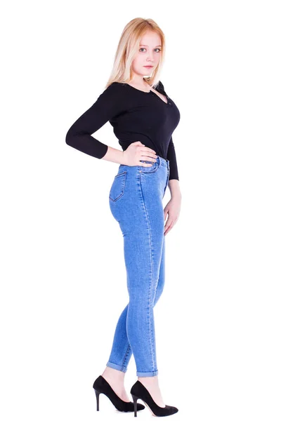 Retrato Corpo Inteiro Uma Jovem Modelo Loira Bonita Jeans Azul — Fotografia de Stock