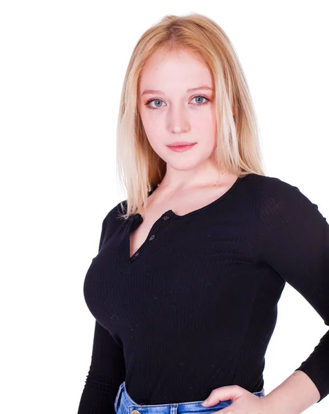 Närbild Porträtt Ung Vacker Blond Modell Isolerad Vit Bakgrund — Stockfoto