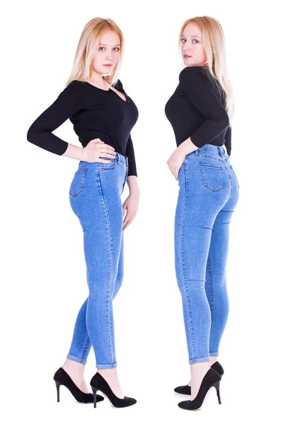 Full Body Portret Van Een Jonge Mooie Blonde Modellen Blauwe — Stockfoto