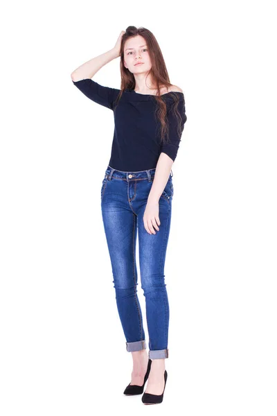 Retrato Corpo Inteiro Jovem Modelo Bonito Morena Jeans Azul Isolado — Fotografia de Stock