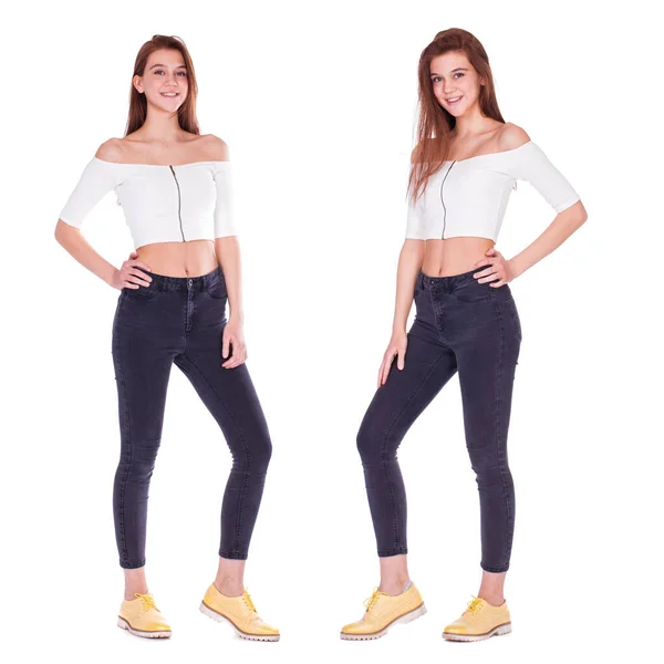 Retrato Completo Modelo Cabelo Marrom Bonito Jovem Jeans Preto Isolado — Fotografia de Stock