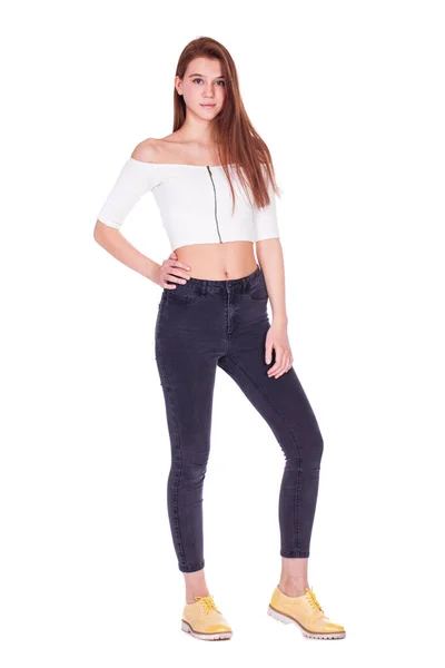 Retrato Corpo Inteiro Modelo Cabelo Marrom Bonito Jovem Jeans Preto — Fotografia de Stock
