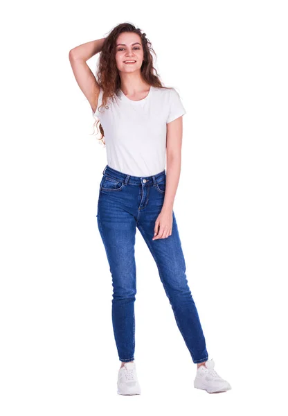 Helkroppsporträtt Ung Vacker Brunett Modell Blå Jeans Isolerad Vit Bakgrund — Stockfoto