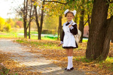 Arka plandaki sonbahar parkında, okul üniformalı güzel bir birinci sınıf öğrencisinin portresi.