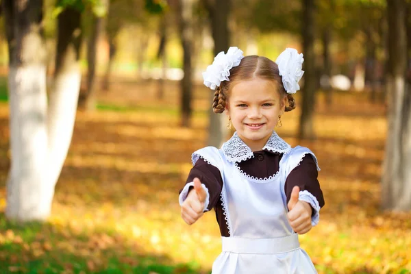 Portrét Krásné Mladé První Třídy Slavnostní Školní Uniformě Pozadí Podzimního — Stock fotografie