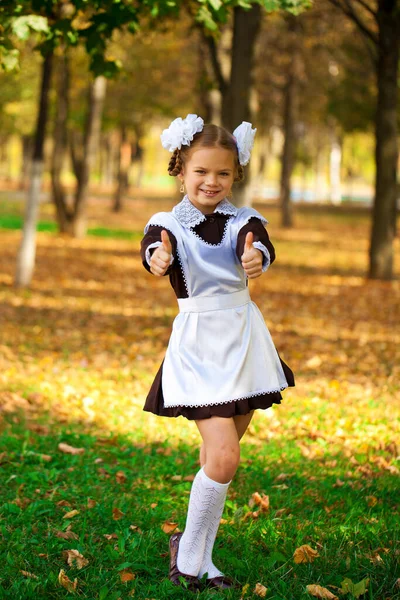 Portrait Beautiful Young First Grader Festive School Uniform Background Autumn — Stock Photo, Image