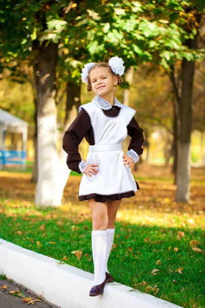 Portret Pięknej Młodej Pierwszoklasistki Świątecznym Uniformie Szkolnej Tle Jesiennego Parku — Zdjęcie stockowe