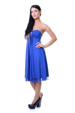 Mavi elbiseli güzel esmer bir kadının portresi. Beyaz arka planda izole edilmiş.