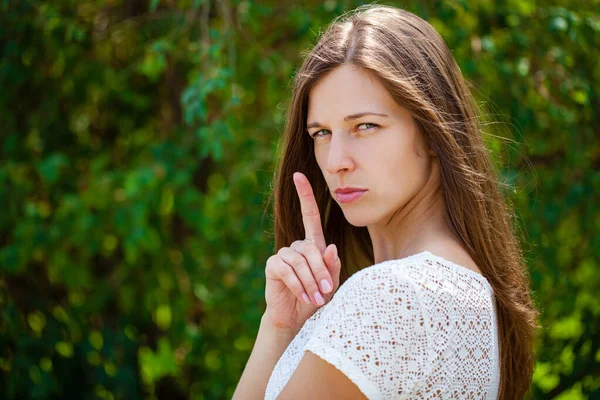 Young Beautiful Brunette Woman Has Put Forefinger Lips Sign Silence — Stock Photo, Image