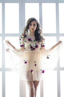 Stüdyoda güzel bir esmer modelin yakın portresi.