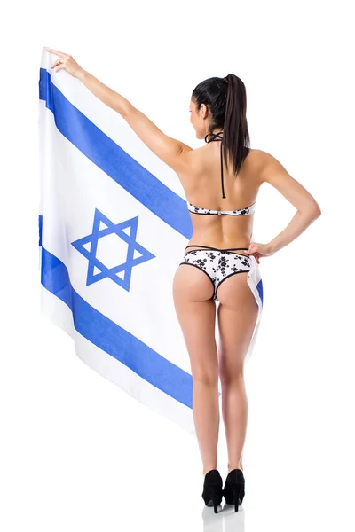 Jovem Bela Mulher Morena Biquíni Ergue Uma Clara Bandeira Israel — Fotografia de Stock