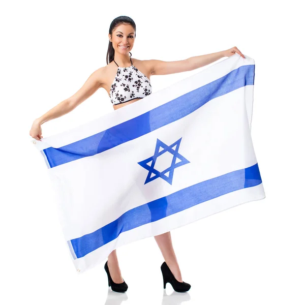 Jovem Bela Mulher Morena Biquíni Ergue Uma Clara Bandeira Israel — Fotografia de Stock