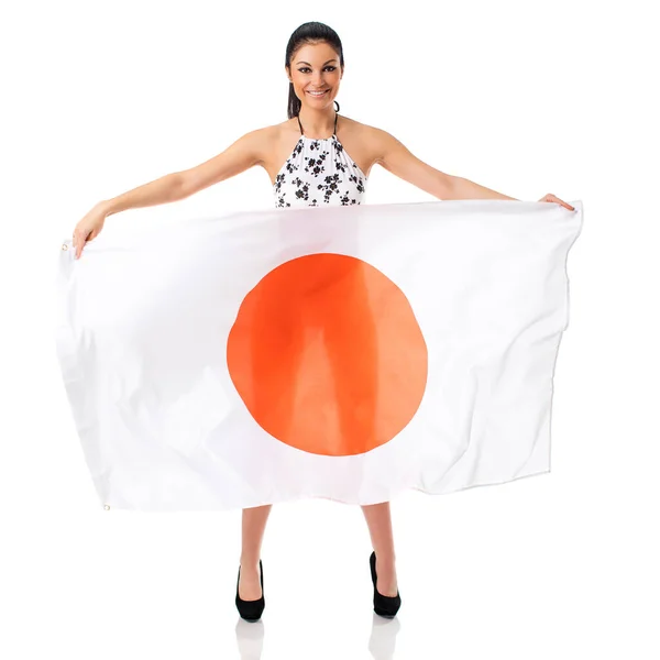 Kraj Wschodzącego Słońca Młoda Piękna Brunetka Bikini Trzyma Wyraźną Flagę — Zdjęcie stockowe