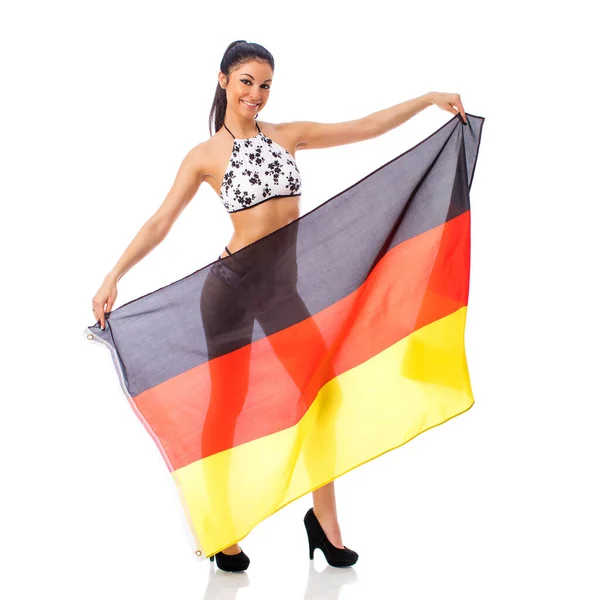 Joven Hermosa Morena Bikini Sostiene Una Bandera Clara Alemania — Foto de Stock