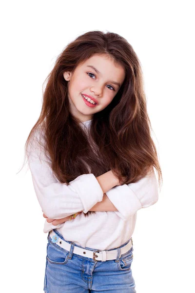 Retrato Una Niña Encantadora Sonriendo Cámara Aislada Sobre Fondo Blanco — Foto de Stock