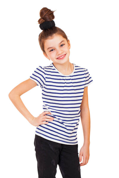 Beauty Model, Portrait of a charming brunette little girl, isolated on white background