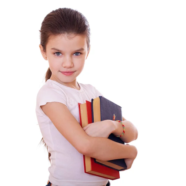 Joven Hermosa Colegiala Sostiene Libros Texto Aislado Sobre Fondo Blanco —  Fotos de Stock