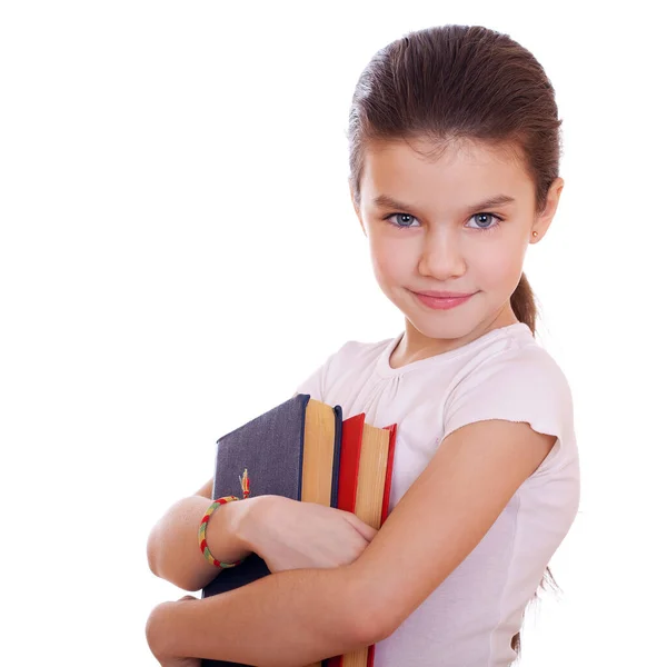 Junge Schöne Schülerin Hält Schulbücher Der Hand Isoliert Auf Weißem — Stockfoto