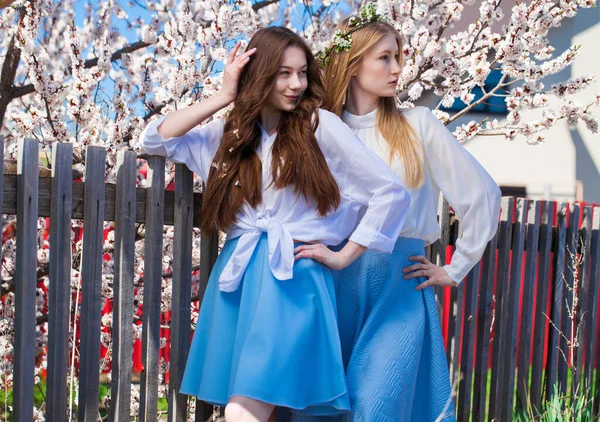 Zwei Glückliche Mädchen Posieren Garten Neben Dem Blühenden Kirschbaum Mit — Stockfoto